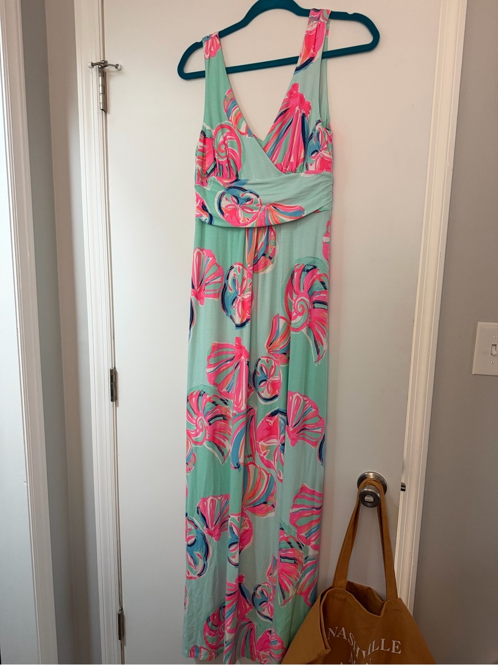 Lilly Pulitzer Mint Maxi Dress with Pink and Blue Shell Print